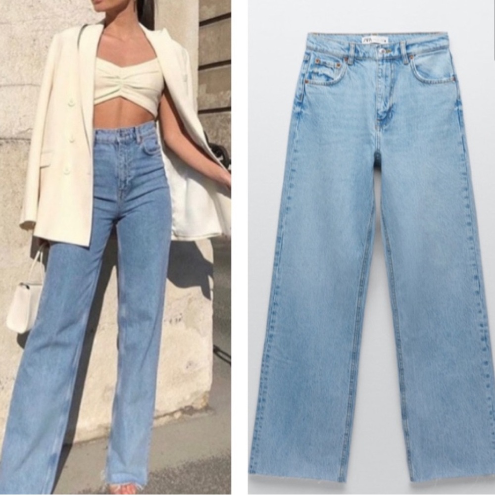 Zara Raw Hem Full Length Button Up Wide Leg Jeans size 6